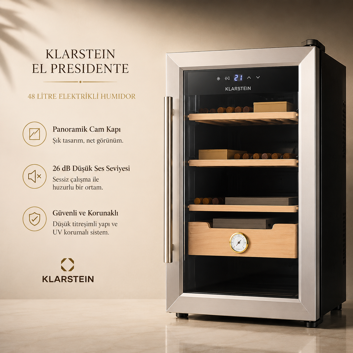 Klarstein El Presidente 48 Litre Elektrikli Humidor & Puro Dolabı