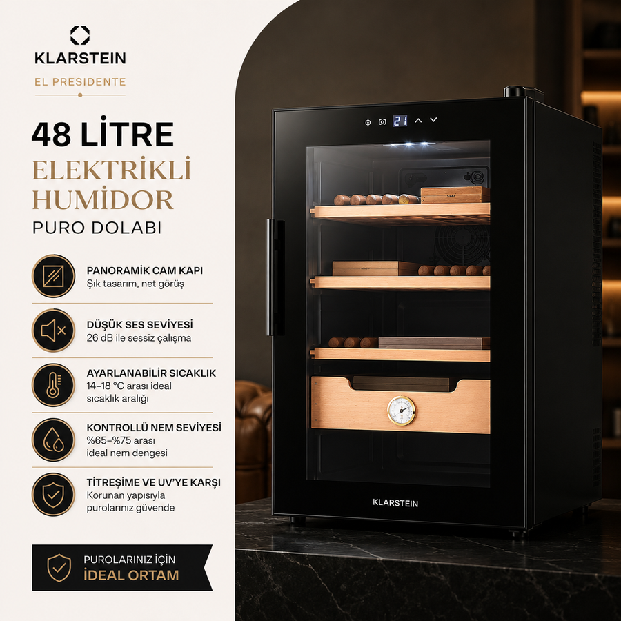 Klarstein El Presidente 48 Litre Elektrikli Humidor & Puro Dolabı