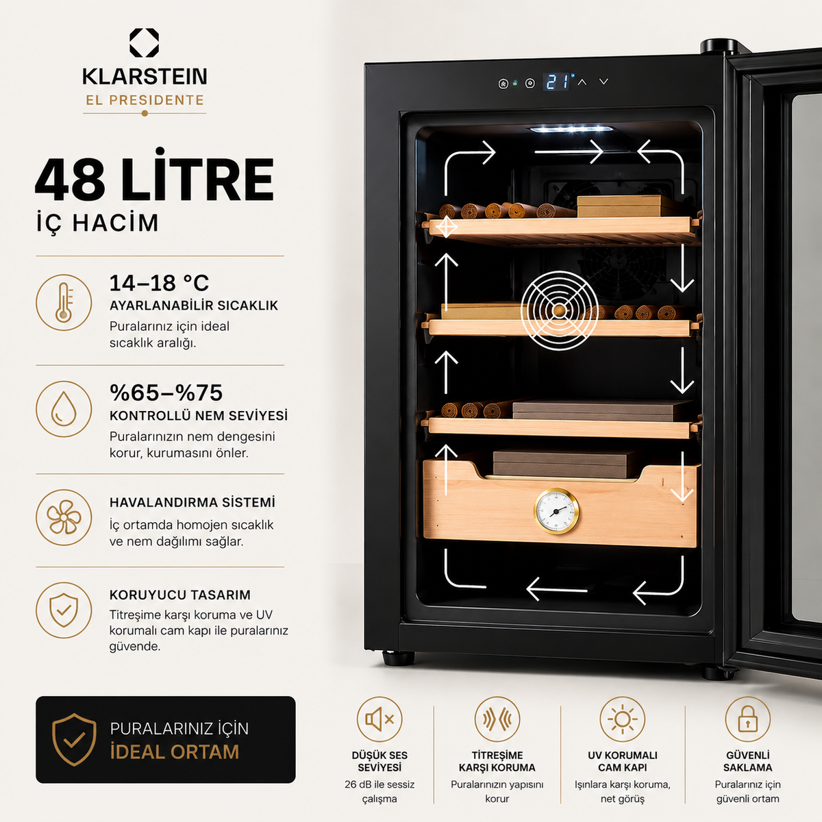 Klarstein El Presidente 48 Litre Elektrikli Humidor & Puro Dolabı