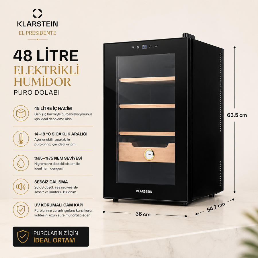 Klarstein El Presidente 48 Litre Elektrikli Humidor & Puro Dolabı
