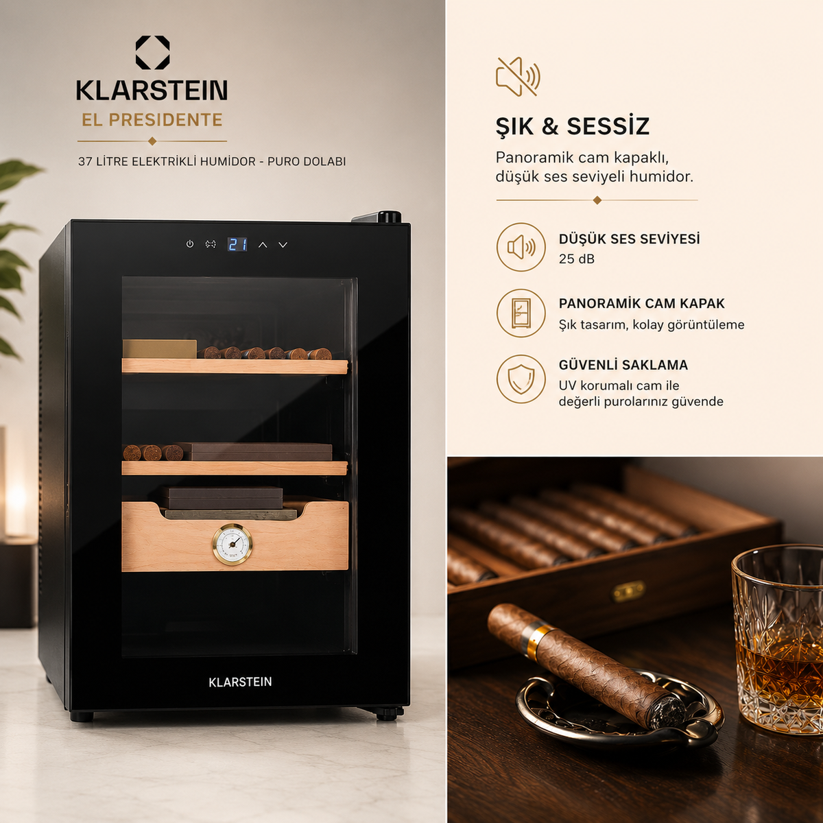 Klarstein El Presidente 37 Litre Elektrikli Humidor & Puro Dolabı