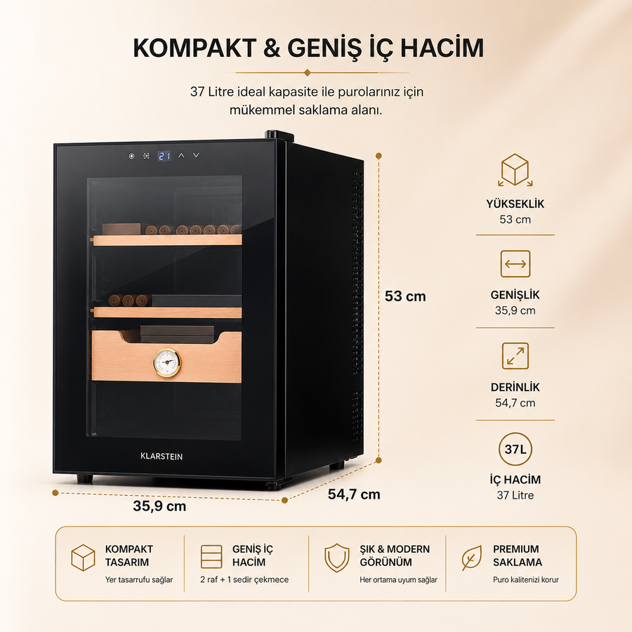 Klarstein El Presidente 37 Litre Elektrikli Humidor & Puro Dolabı